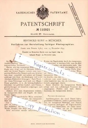 Original Patent  - Berthold Kuny in München , 1899 , Herstellung farbiger Photographien !!!