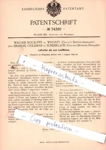 Original Patent  - W. Rockliffe in Whitley und E. Goldman in Sunderland , 1893 , Luftreifen !!!