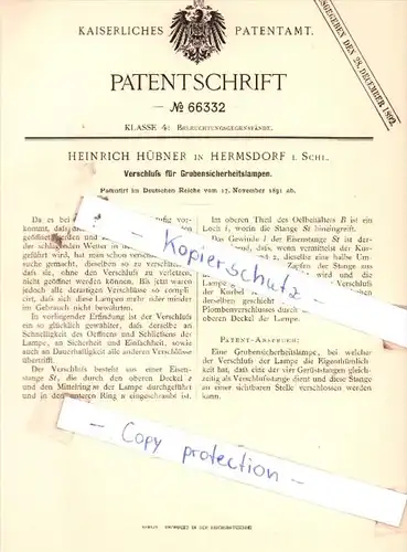 Original Patent  - , Heinrich Hübner in Hermsdorf i. Schl. , 1891 , Grubensicherungslampen !!!