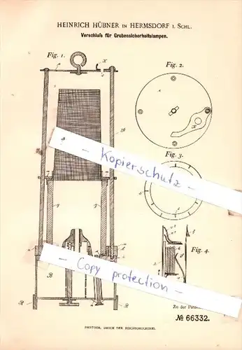 Original Patent  - , Heinrich Hübner in Hermsdorf i. Schl. , 1891 , Grubensicherungslampen !!!