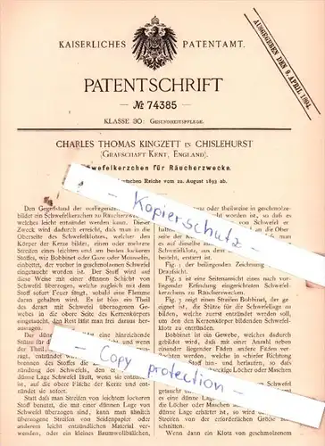 Original Patent  -  C. Thomas Kingzett in Chislehurst , 1893 , Schwefelkerzchen für Räucherzwecke !!!