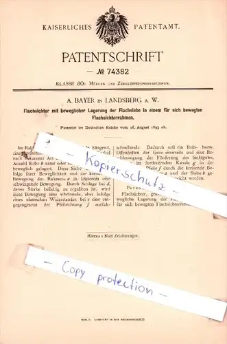 Original Patent  - A. Bayer in Landsberg a. W. , 1893 , Lagerung der Flachsiebe !!!