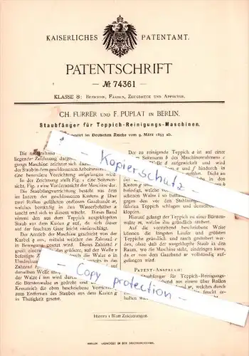 Original Patent  - Ch. Furrer und F. Puplat in Berlin , 1893 , Staubfänger für Teppich-Reinigungs-Maschinen !!!