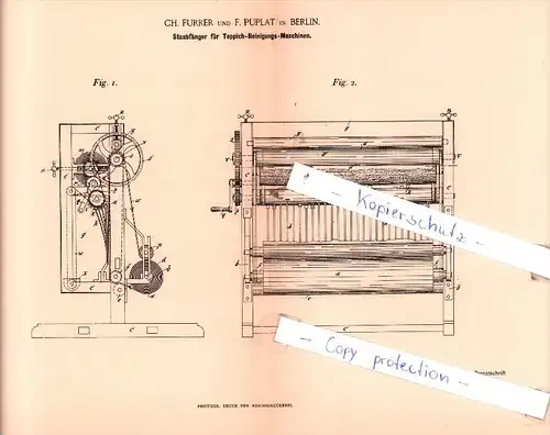 Original Patent  - Ch. Furrer und F. Puplat in Berlin , 1893 , Staubfänger für Teppich-Reinigungs-Maschinen !!!