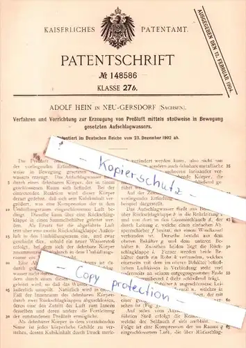 Original Patent  - Adolf Hein in Neu-Gersdorf , Sachsen , 1902 , Erzeugung von Preßluft !!!