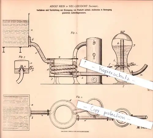 Original Patent  - Adolf Hein in Neu-Gersdorf , Sachsen , 1902 , Erzeugung von Preßluft !!!