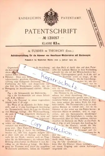 Original Patent  - A. Fuhrer in Treorchy , Engl. , 1902 , Amerikaner-Weckuhren mit Glockenspiel !!!