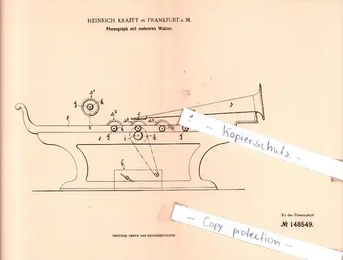 Original Patent  - Heinrich Krafft in Frankfurt a. M. , 1903 , Phonograph mit mehreren Walzen !!!