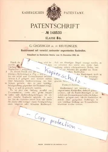 Original Patent  - G. Grötzinger jr. in Reutlingen , 1902 , Rauhtrommel !!!