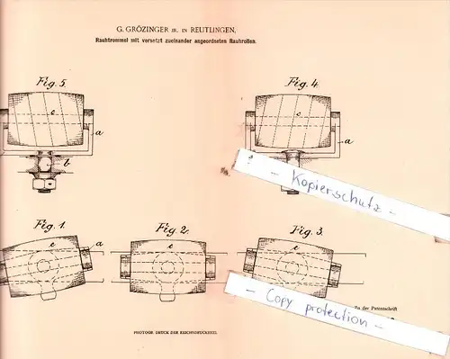 Original Patent  - G. Grötzinger jr. in Reutlingen , 1902 , Rauhtrommel !!!