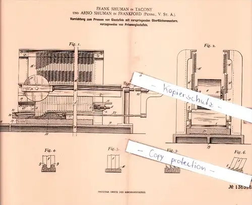 Original Patent  - F. Shuman in Tacony und A. Shuman in Frankford , 1901 ,  Glastafeln !!!