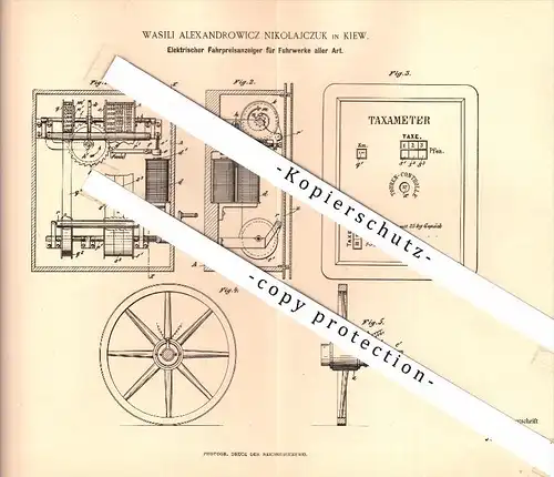 Original Patent - Wasili A. Nikolajczuk in Kiew / Russland , 1894 , Taxameter , elektrischer Fahrpreisanzeiger , Taxi !!