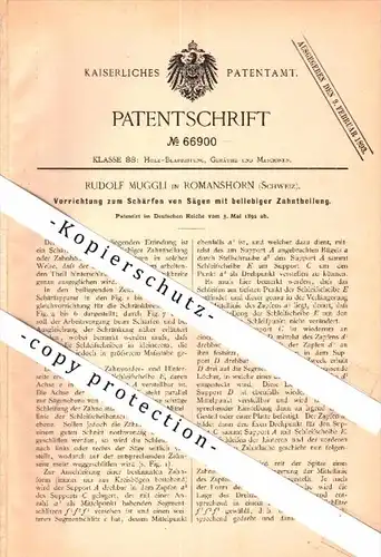 Original Patent - Rudolf Muggli in Romanshorn , Schweiz , 1892 , Apparat zum Schärfen von Sägen , Schreinerei , Tischler