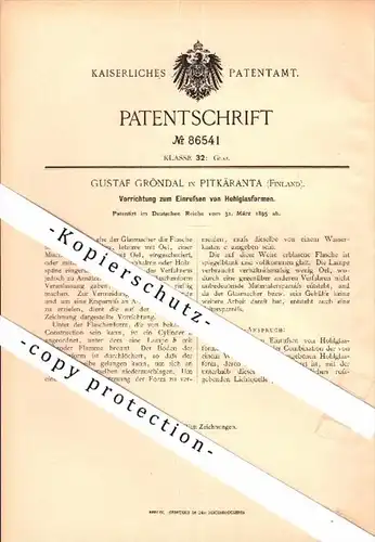 Original Patent - Gustaf Gröndal in Pitkäranta / Pitkjaranta , 1895 , Hohlglas , Glas , Russland , Finnland !!
