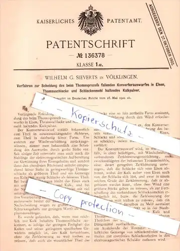 Original Patent  - Wilhelm G. Sieverts in Völklingen , 1901 , Thomasprozeß !!!