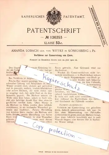 Original Patent  - Amanda Lobach geb. von Wittke in Königsberg i. Pr. , 1900 , !!!