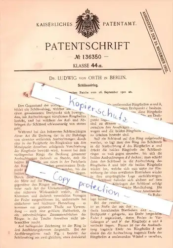 Original Patent  - Dr. Ludwig von Orth in Berlin , 1901 ,  Schlüsselring !!!