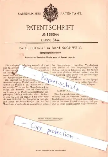 Original Patent  - Paul Thomae in Braunschweig , 1902 , Spargelschälmaschine !!!