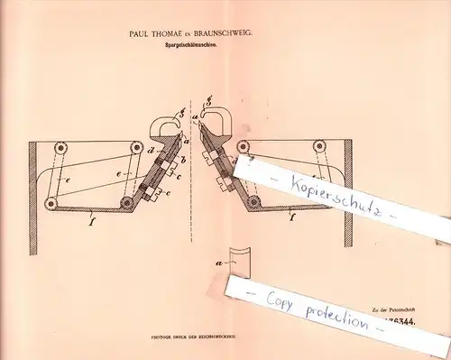 Original Patent  - Paul Thomae in Braunschweig , 1902 , Spargelschälmaschine !!!
