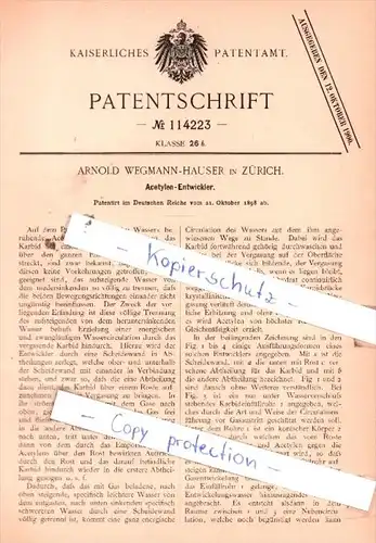 Original Patent  -  Arnold Wegmann-Hauser in Zürich , 1898 , Acetylen-Entwickler !!!