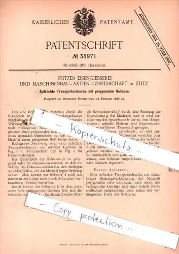 Original Patent  - Zeitzer Eisengiesserei und Maschinenbau-Aktien-Gesellschaft in Zeitz , 1886 , !!!