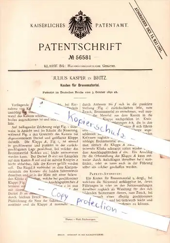 Original Patent  - Julius Kasper in Britz , 1890 , Kasten für Brennmaterial !!!