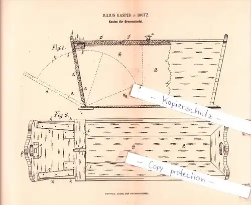 Original Patent  - Julius Kasper in Britz , 1890 , Kasten für Brennmaterial !!!