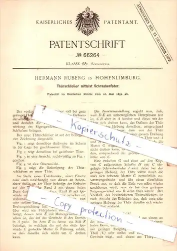 Original Patent  - H. Ruberg in Hohenlimburg , 1892 , Thürschließer mittelst Schraubenfeder !!!