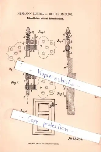 Original Patent  - H. Ruberg in Hohenlimburg , 1892 , Thürschließer mittelst Schraubenfeder !!!
