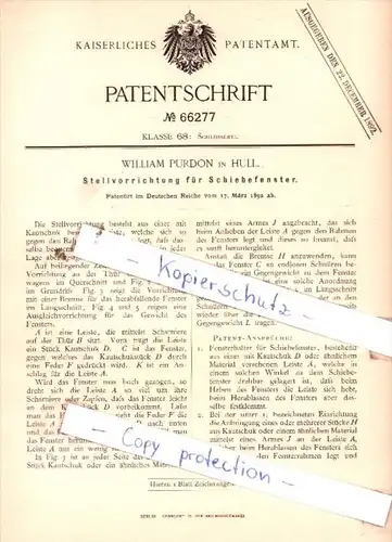 Original Patent  - William Purdon in Hull , 1892 , Stellvorrichtung für Schiebefenster !!!