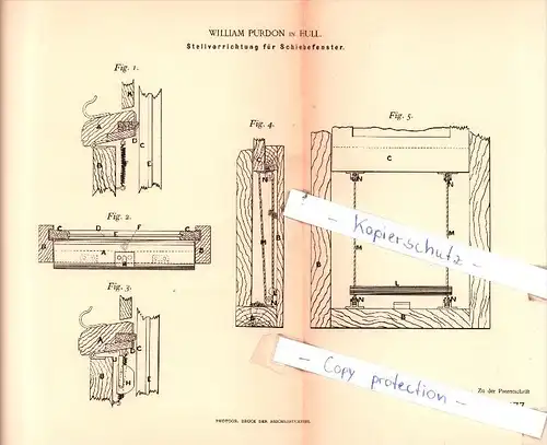 Original Patent  - William Purdon in Hull , 1892 , Stellvorrichtung für Schiebefenster !!!
