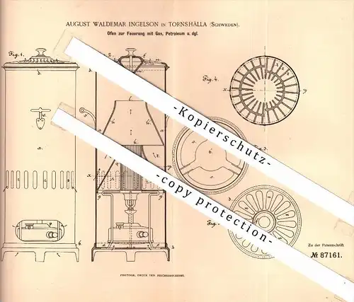 Original Patent - August W. Ingelson in Torshälla / Eskilstuna , 1895 , Ofen zur Feuerung mit Gas , Schweden!!!