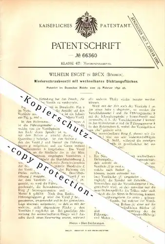 Original Patent - Wilhelm Engst in Brüx / Most i. Böhmen , 1892 , Niederschraubventil  , Maschinenbau !!!