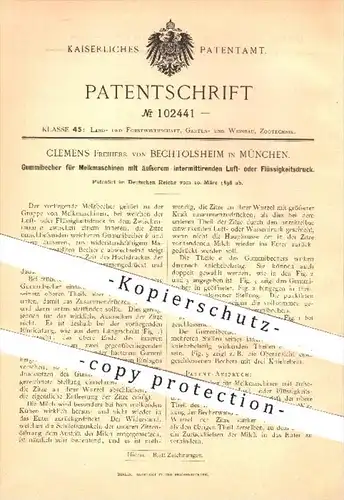 original Patent - Clemens Freiherr von Bechtolsheim , München , 1898 , Gummibecher für Melkmaschinen , Melken , Landwirt