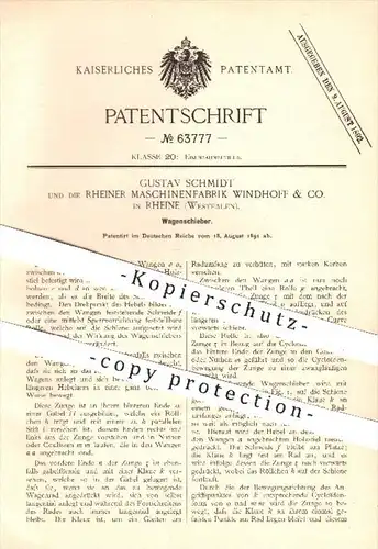 original Patent - G. Schmidt / Rheiner Maschinenfabrik Windhoff & Co. , Rheine , 1891 , Wagenschieber , Eisenbahn , Bahn
