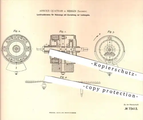 original Patent - Arnold Quatram in Meissen , 1893 , Lastdruckbremse für Hebezeuge , Bremse , Bremsen , Hebewerk !!!
