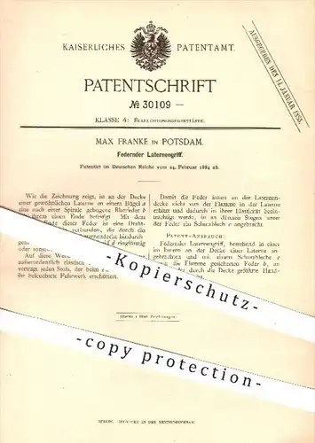 original Patent - Max Franke in Potsdam , 1884 , Federnder Laternengriff , Laternen , Beleuchtung , Lampen , Licht !!!