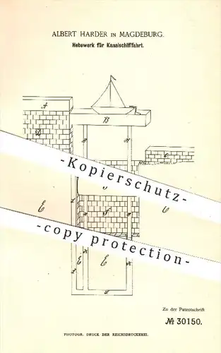 original Patent - Albert Harder in Magdeburg , 1884 , Hebewerk für Kanalschifffahrt , Schifffahrt , Schiffbau , Schiffe