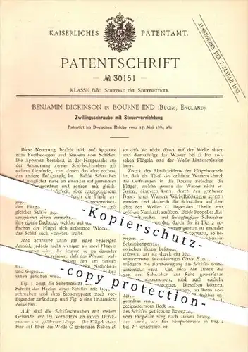 original Patent - B. Dickinson , Bourne End , Bucks , England , 1884 , Zwillingsschraube , Schiffsschraube , Schiffe !!!