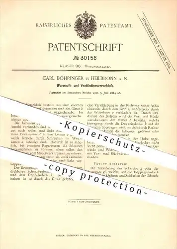 original Patent - Carl Böhringer in Heilbronn , 1884 , Warmluft- u. Ventilationsverschluss , Ventilation , Heizung !!!