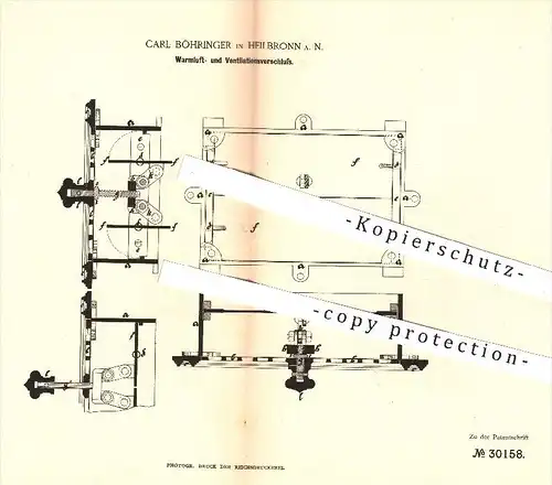 original Patent - Carl Böhringer in Heilbronn , 1884 , Warmluft- u. Ventilationsverschluss , Ventilation , Heizung !!!