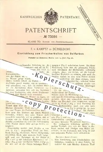 original Patent - F. v. Kamptz , Düsseldorf 1893 , Frischerhalten von Ölfarbe , Öl , Farben , Maler , Künstler , Malerei