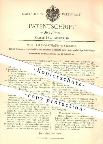 original Patent - Wilh. Horstmann , Stendal , 1905 , auf Schienen verschiebbare Schulbank , Schule , Möbel , Tischler !