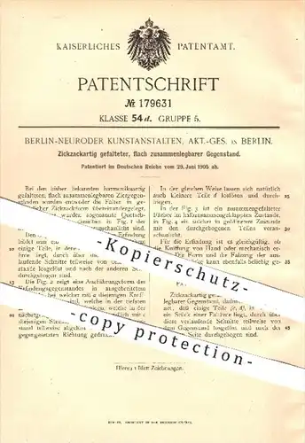original Patent - Berlin - Neuroder Kunstanstalten AG , 1905 , Zickzackartig gefalteter Gegenstand , Falten , Papier !!!