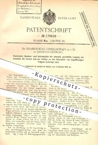 original Patent - Dr. Kramerlicht GmbH , Berlin Charlottenburg , 1905 , Glocken- u. Schirmhalter für Lampen , Licht !!!