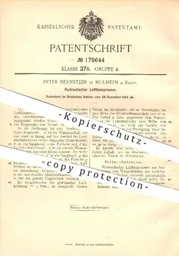 original Patent - Peter Bernstein , Mülheim / Rhein , 1905 , Hydraulischer Luftkompressor , Kompressor , Hydraulik !!!
