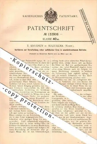 Original Patent - E. Knudsen i Sulitjelma , Norway , 1901 , Behandling av ra malm , gruvedrift ,  Fauske !!!