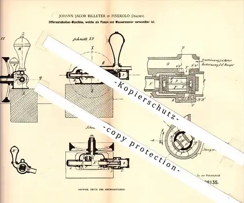 Original Patent - Johann Jacob Billeter in Pinerolo , Italia , 1883 , Macchina come contatore pompa e acqua !!!