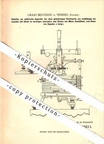 Original Patent - Giulio Bertolini in Venedig / Venezia , 1892 , Apparecchio per le miniere di cottura !!!