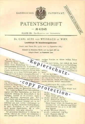 original Patent - Dr. Carl Auer von Welsbach in Wien , 1886 , Leuchtkörper für Incandescenzgasbrenner , Gas - Brenner !!